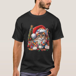Cozy Cat in Christmas Lights, Santa Hat  T Shirt