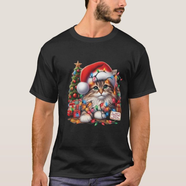Cozy Cat in Christmas Lights, Santa Hat  T Shirt (Framsida)