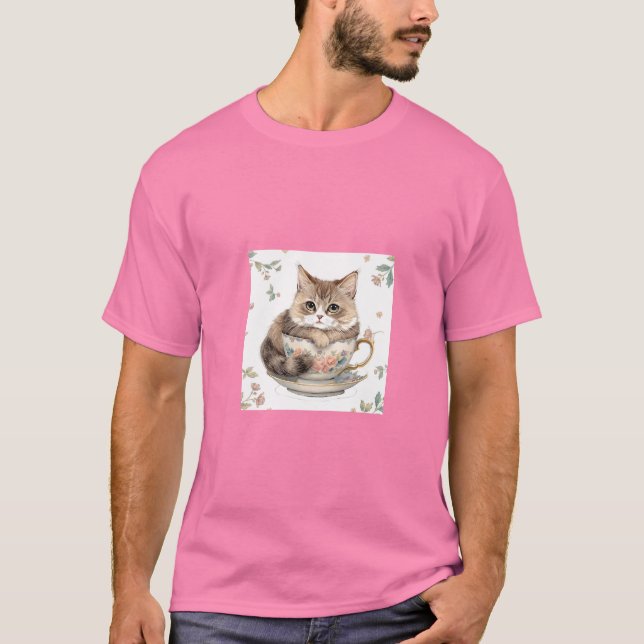 Cozy Cat in Teacup Illustration T Shirt (Framsida)