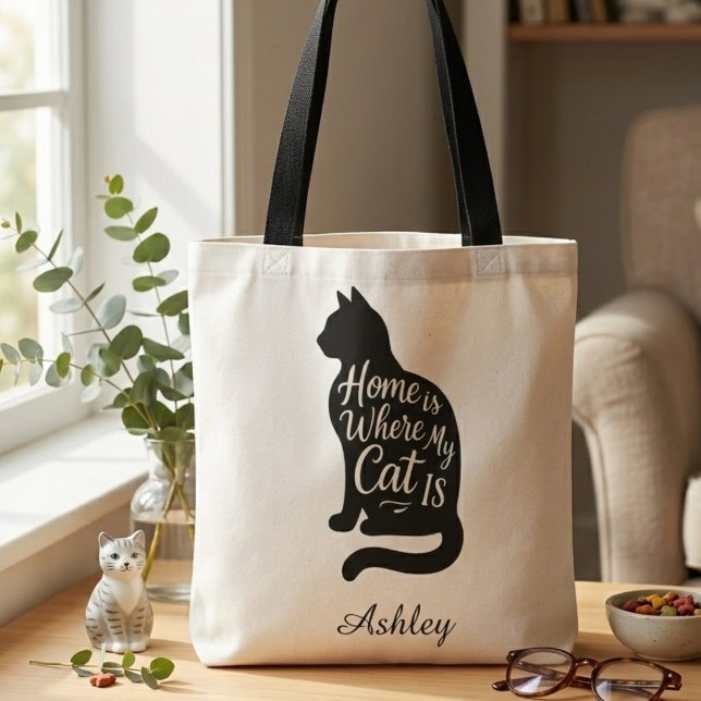 Cozy Cat Lover – Home is Where My Cat Is Tygkasse (Personalized cat tote bag)