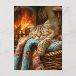 Cozy Cat Sleeping in Basket by Warm Fireplace Vykort
