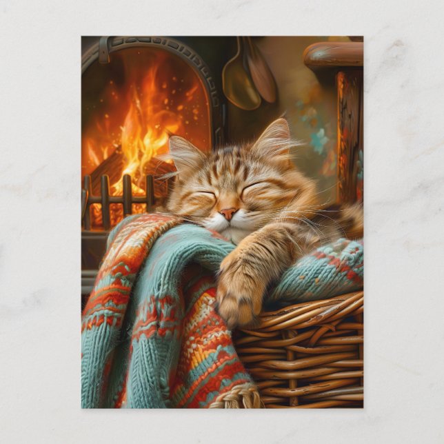 Cozy Cat Sleeping in Basket by Warm Fireplace Vykort (Framsida)