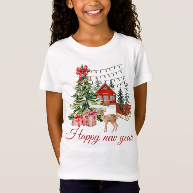 🎄 Cozy Christmas Cabin & Deer | Happy New Year Wa T Shirt (Framsida)