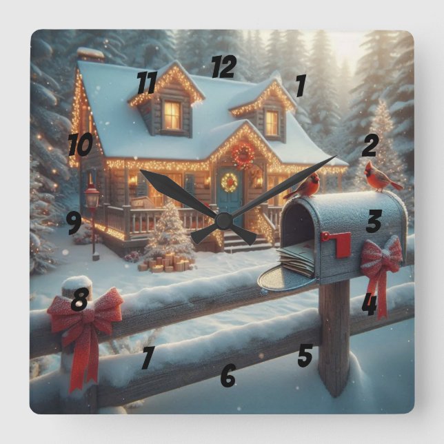 Cozy Christmas Cabin Winter Wonderland Fyrkantig Klocka (Framsida)