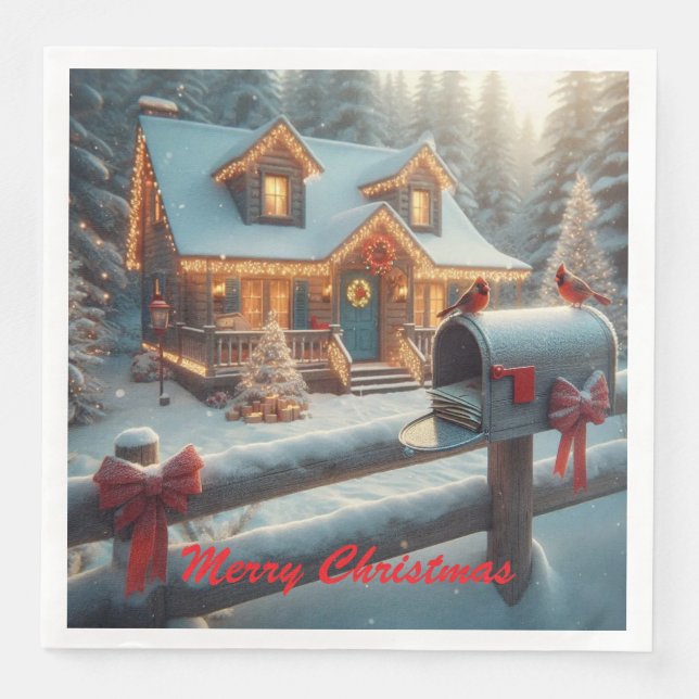 Cozy Christmas Cabin Winter Wonderland Pappersservett (Framsida)