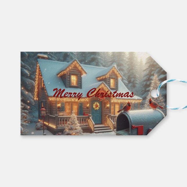 Cozy Christmas Cabin Winter Wonderland Presentetikett (Framsidan (Horisontell))