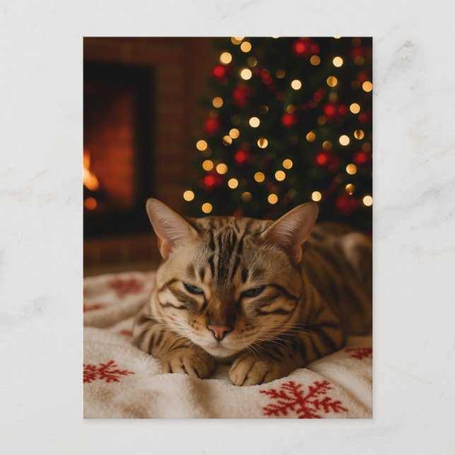 Cozy Christmas Cat Postcard Bengal Cat Fireplace Vykort (Framsida)