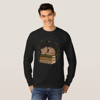 Cozy Christmas Cat Sleeping on Vintage Books T Shirt