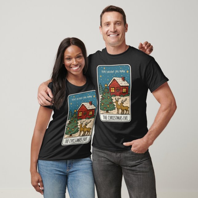 Cozy Christmas Eve Scene Cabin, Reindeer & Tree T Shirt (Unisex)