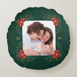 Cozy Christmas Floral Frame Round Pillow  Rund Kudde