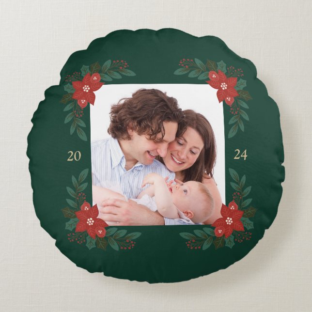 Cozy Christmas Floral Frame Round Pillow  Rund Kudde (Framsidan)