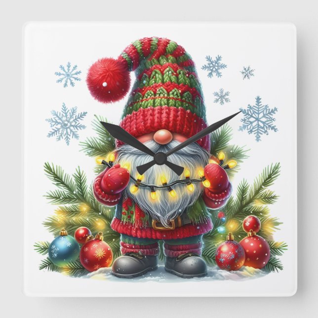 Cozy Christmas Gnome Art – Festive Holiday Fyrkantig Klocka (Framsida)