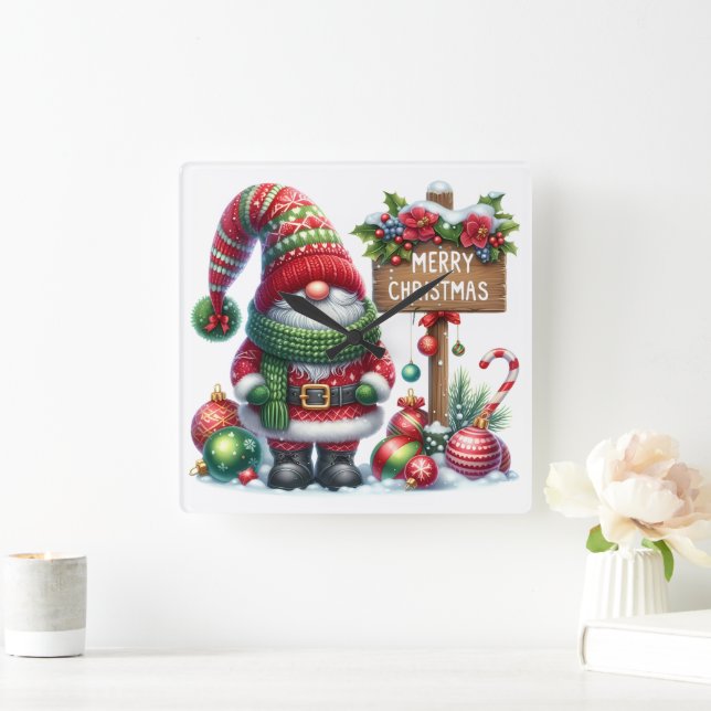 Cozy Christmas Gnome Art – Festive Holiday Fyrkantig Klocka (Hem)