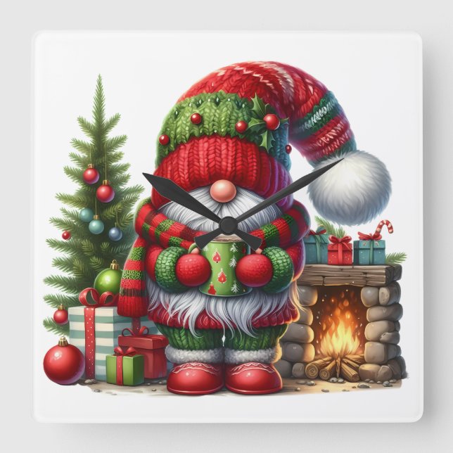 Cozy Christmas Gnome Art – Festive Holiday Fyrkantig Klocka (Framsida)