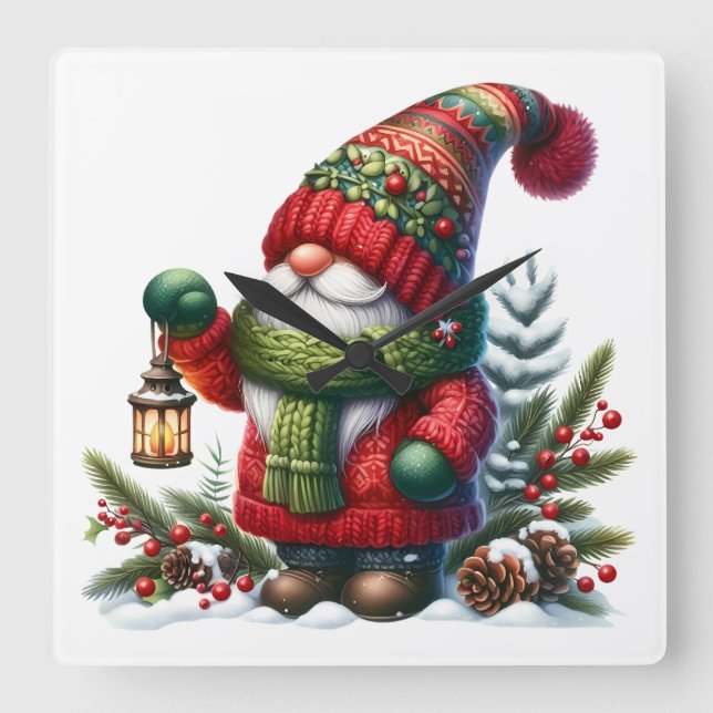 Cozy Christmas Gnome Art – Festive Holiday Fyrkantig Klocka (Framsida)