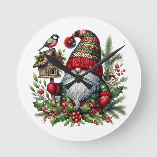 Cozy Christmas Gnome Art – Festive Holiday Rund Klocka (Framsida)