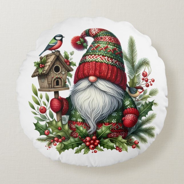 Cozy Christmas Gnome Art – Festive Holiday Rund Kudde (Framsidan)