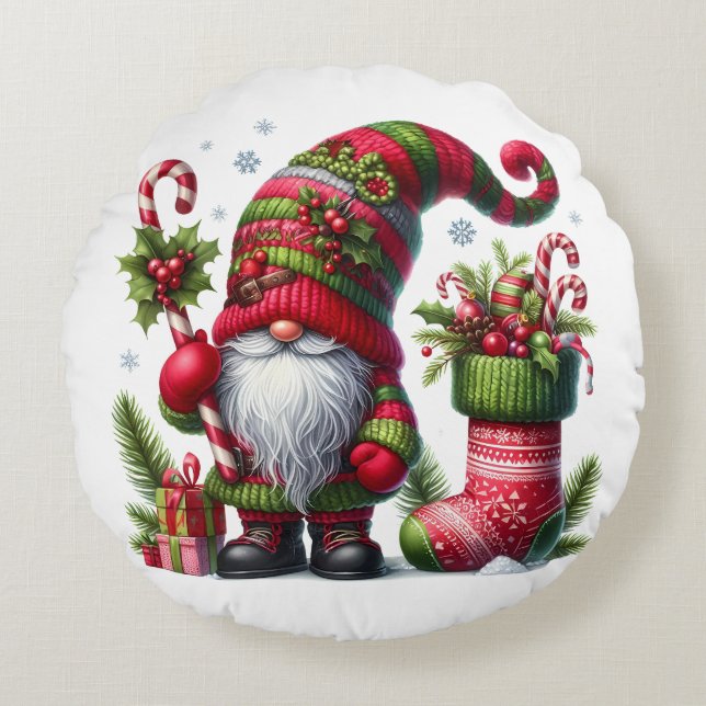 Cozy Christmas Gnome Art – Festive Holiday Rund Kudde (Framsidan)