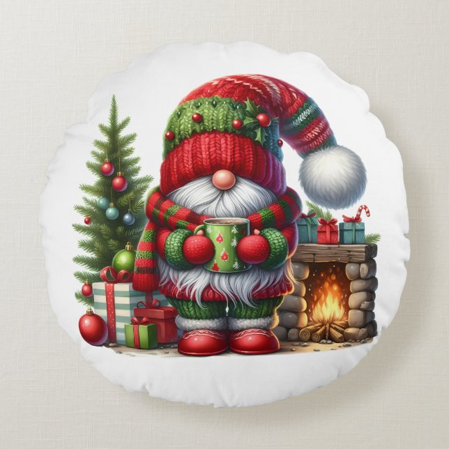 Cozy Christmas Gnome Art – Festive Holiday Rund Kudde (Framsidan)