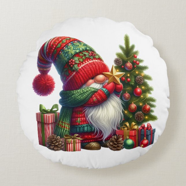 Cozy Christmas Gnome Art – Festive Holiday Rund Kudde (Framsidan)