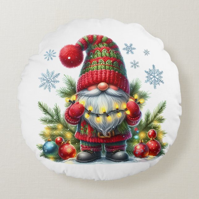 Cozy Christmas Gnome Art – Festive Holiday Rund Kudde (Framsidan)