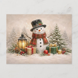 Cozy Christmas Snowman with Lantern and Gifts Helg Vykort