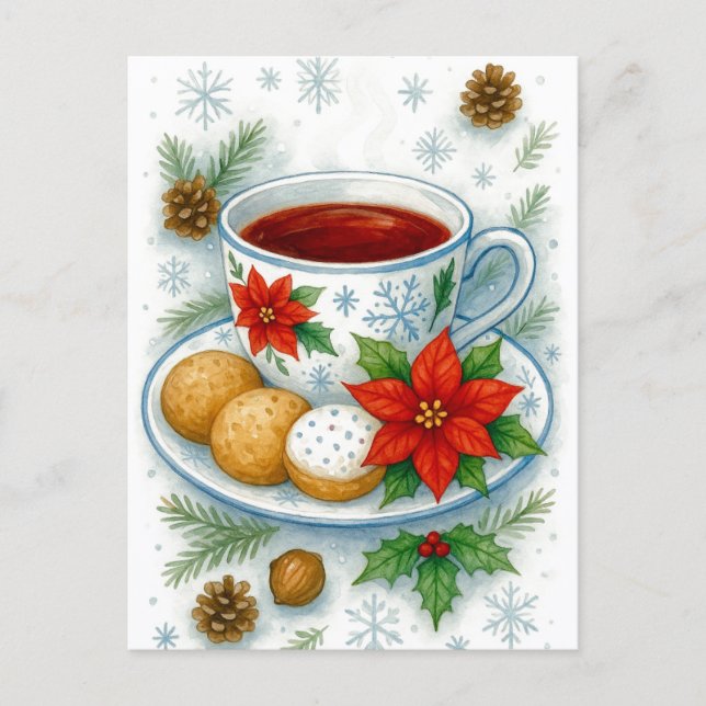 Cozy Christmas Tea & Cookies Holiday Postcard Helg Vykort (Framsida)