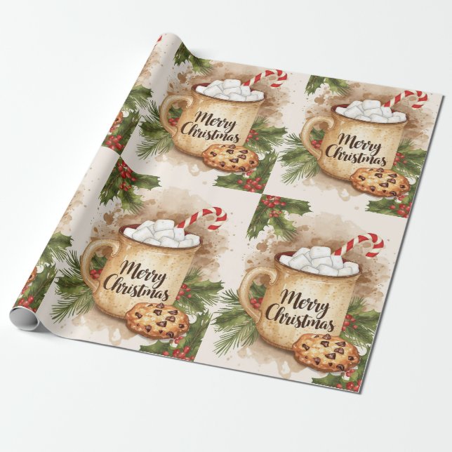 Cozy cocoa merry Christmas cookie holly festive Presentpapper (Utrullad)