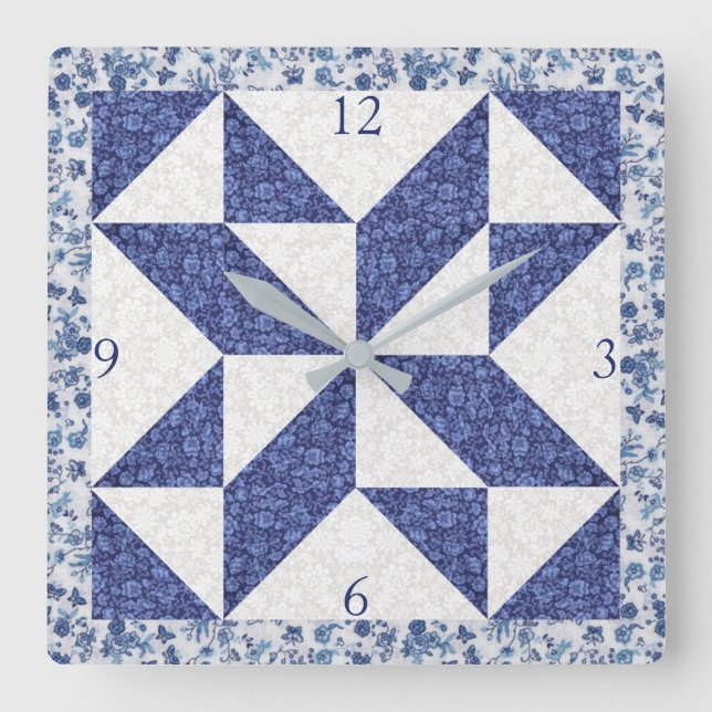 Cozy Country Blue White Calico Faux Quilt Square  Fyrkantig Klocka (Framsida)