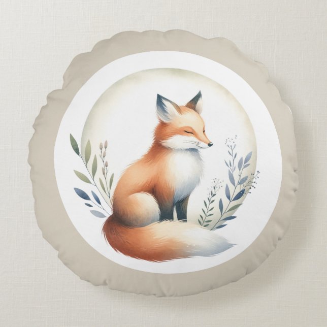 Cozy Critter - Fox Illustration  Rund Kudde (Framsidan)