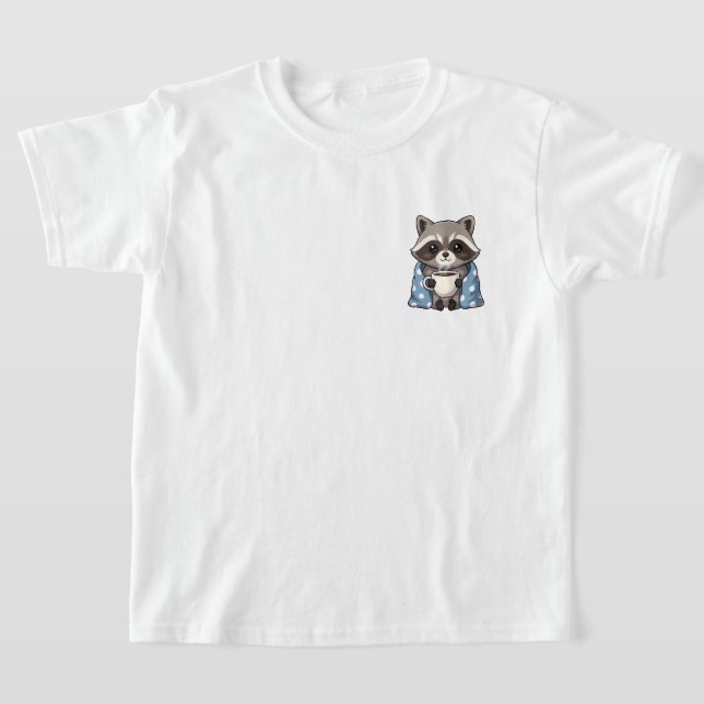 Cozy Cute Raccoon Wrapped in Polka Dot Blanket T Shirt (Laydown)