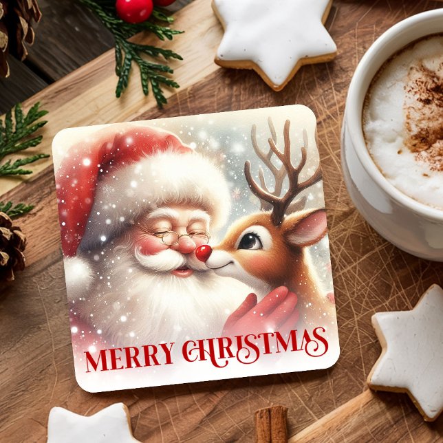 Cozy Cute Santa Rudolph Holiday Paper Coasters Underlägg Papper Kvadrat (Cozy Cute Santa Rudolph Holiday Paper Coasters)