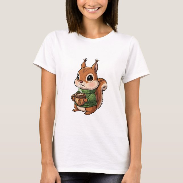 Cozy Cute Squirrel Wearing Green Knitted Sweater T Shirt (Framsida)