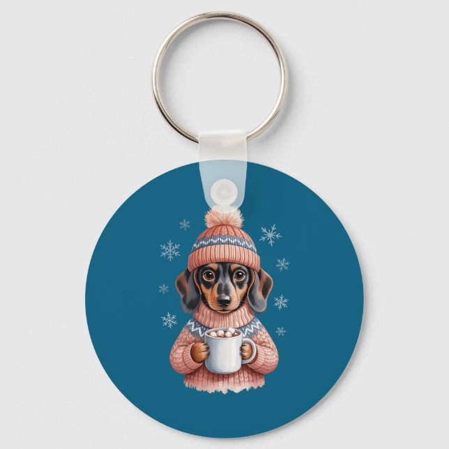 Cozy Dachshund Dog With Hot Cocoa Holiday Winter S Nyckelring (Framsida)