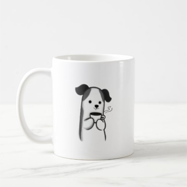 Cozy Dog with Coffee Mug | Minimalist Line Art Pet Kaffemugg (Vänster)