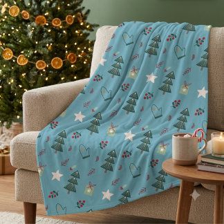 Cozy Dusty Blue Watercolor Christmas Tree Pattern Fleecefilt