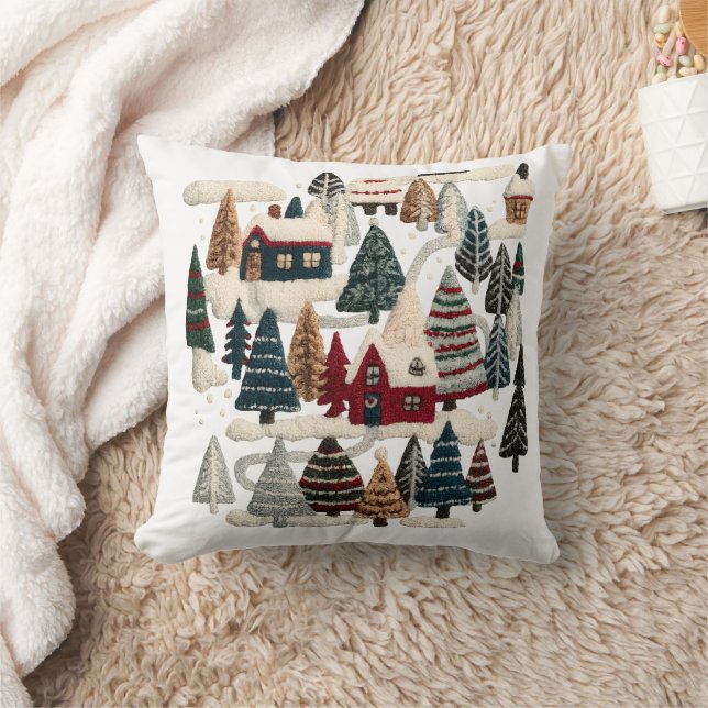 Cozy Embroidered Winter Village Pillow Kudde (Filt)