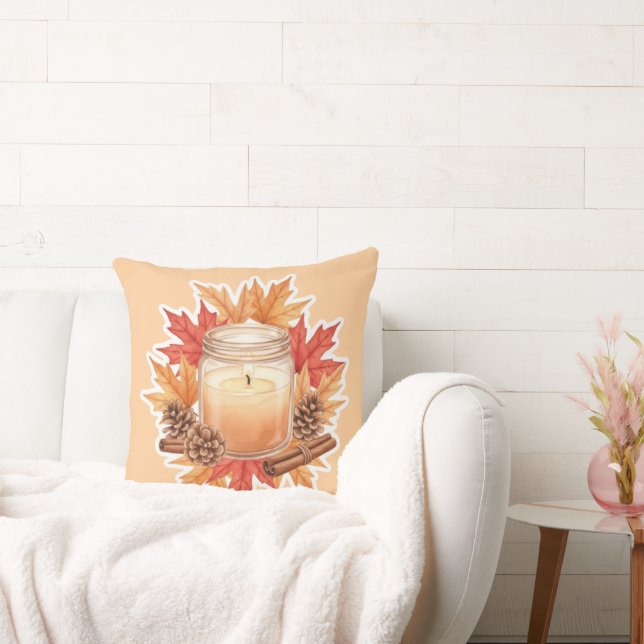 Cozy Fall Candle with Maple Leaves | Autumn Design Kudde (Soffa)