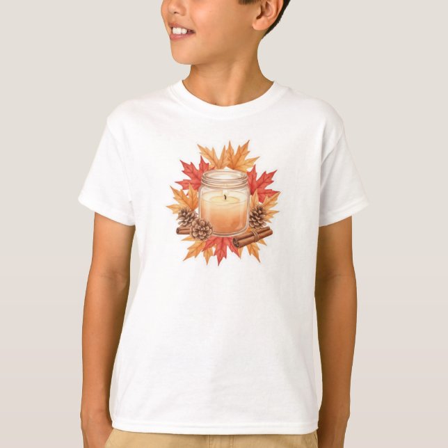 Cozy Fall Candle with Maple Leaves | Autumn Design T Shirt (Framsida)