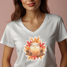Cozy Fall Candle with Maple Leaves | Autumn Design T Shirt