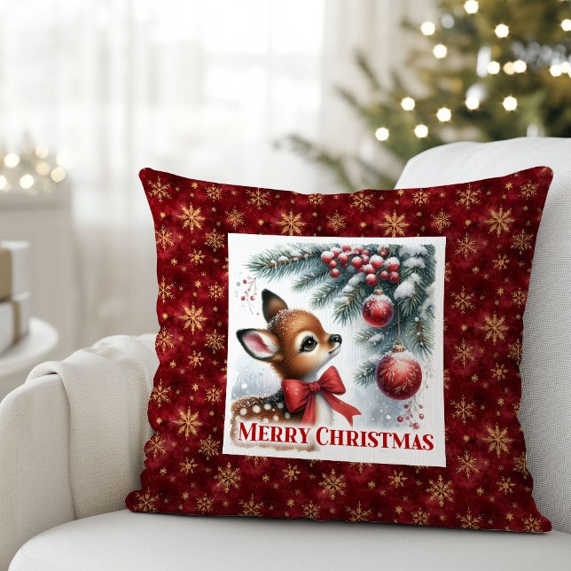 Cozy festive winter scene baby fawn snowy Christma Kudde (Cozy festive winter scene baby fawn snowy Christmas pillow)