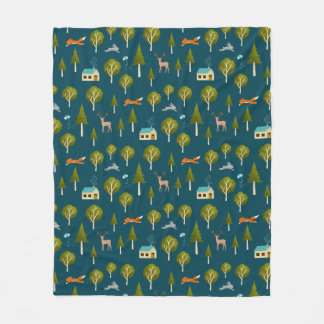Cozy Forest Cabin and Animals Fleece Blanket