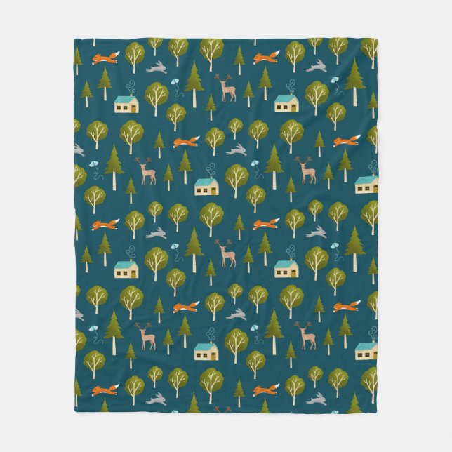 Cozy Forest Cabin and Animals Fleece Blanket (Framsidan)