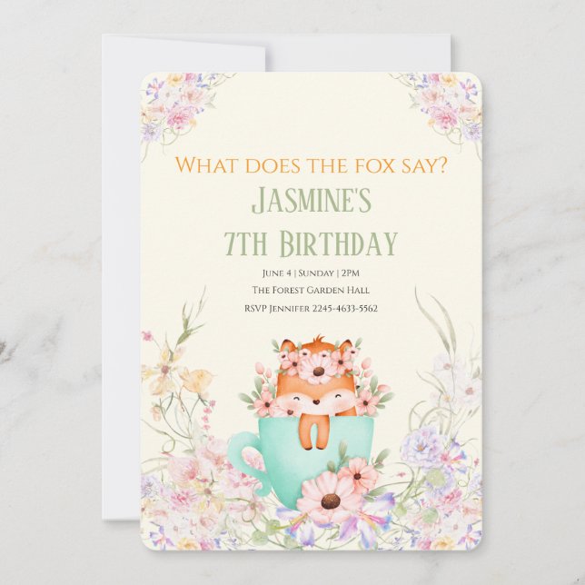 Cozy Fox Flower Forest Magical Birthday Invitation Inbjudningar (Framsida)