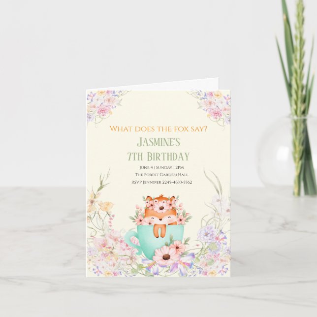 Cozy Fox Forest Magical Floral Birthday Invitation Inbjudan (Framsida)