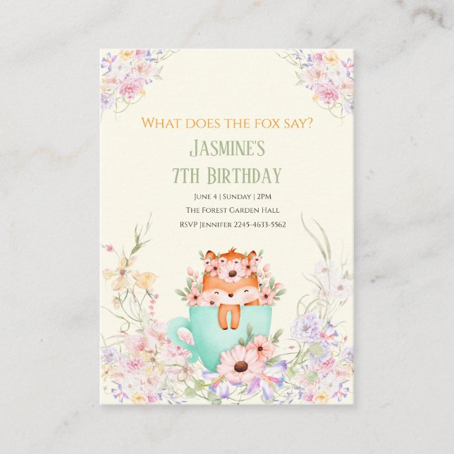 Cozy Fox Forest Magical Floral Birthday Invitation Tilläggskort (Framsida)