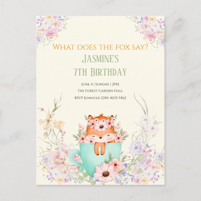 Cozy Fox Forest Magical Floral Birthday Invitation Vykort (Framsida)