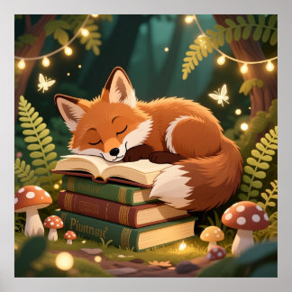 Cozy Fox Sleeping on Books Whimsical Forest Litera Poster