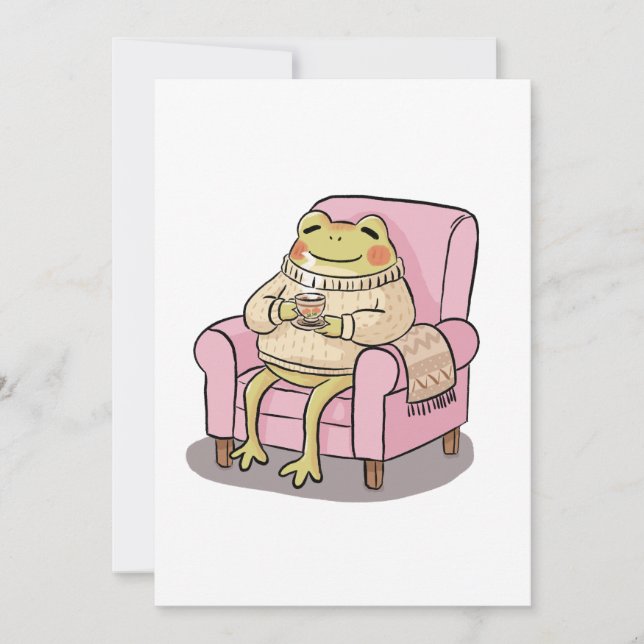 Cozy Frog Drinking Tea On Sofa Illustration Inbjudningar (Framsida)