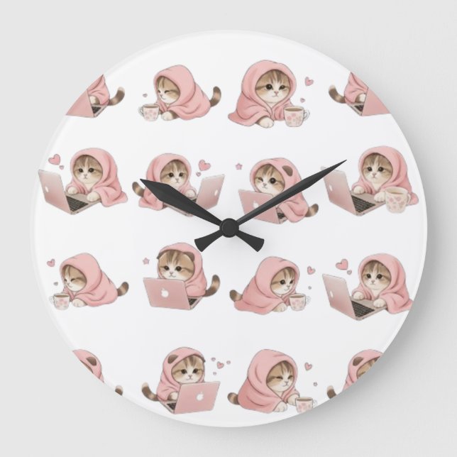 Cozy Gaming Cat Pattern - Aesthetic Pink Hoodie Ki Stor Klocka (Framsida)